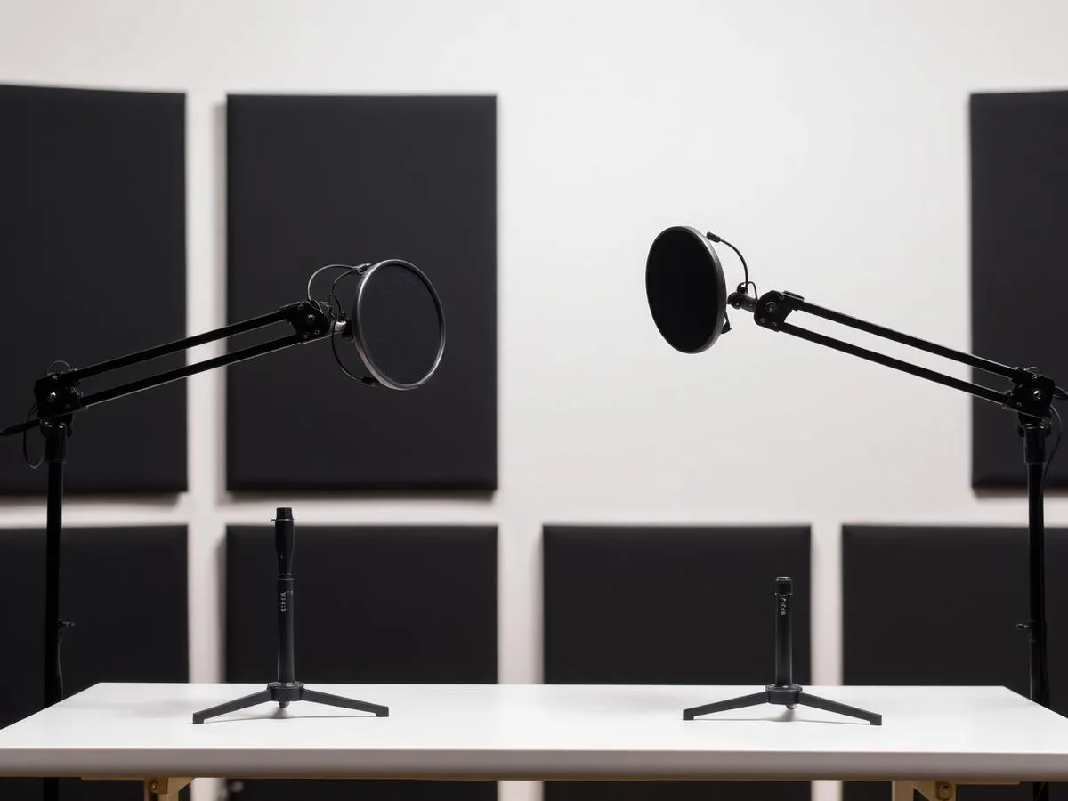 Podcast recording table with two microphones